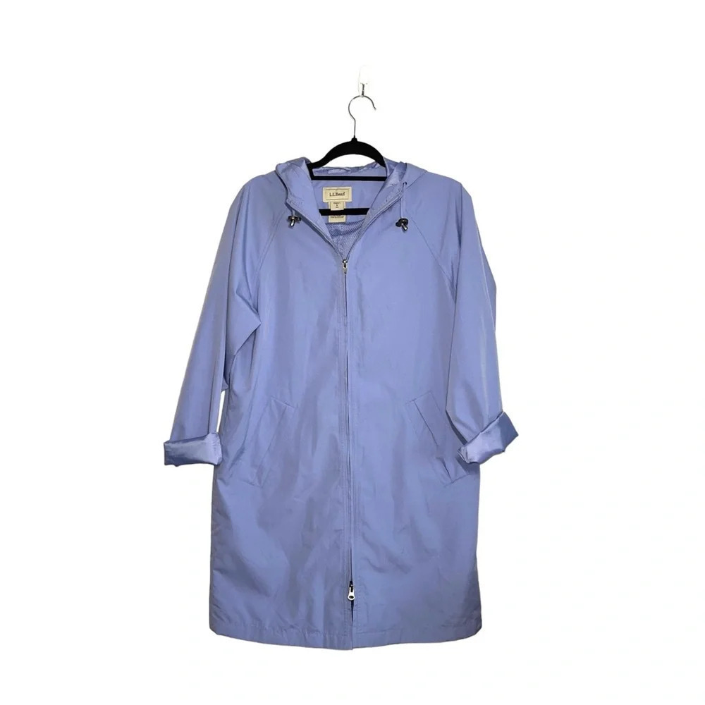 L.L. Bean Periwinkle Blue Full Zip Lined Hooded Long Raincoat Small Women’s